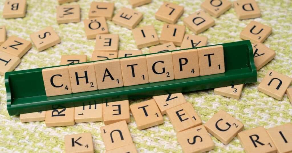 Scrabble game spelling 'CHATGPT' with wooden tiles on textured background.